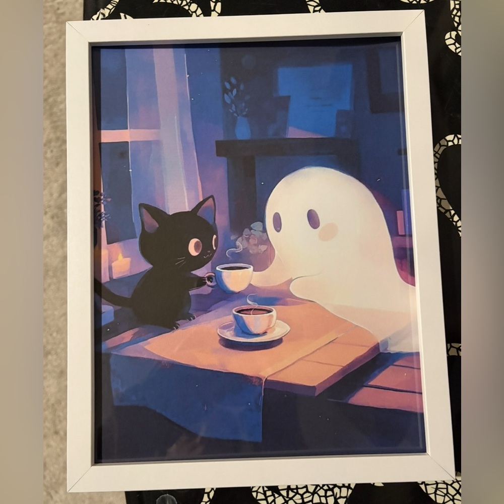 Cute Ghost & Cat Having Tea 8x10 Framed Art Print
